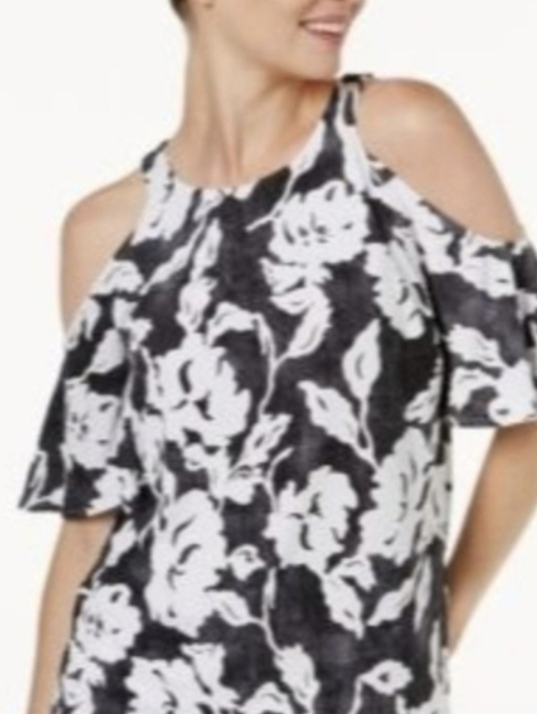 INC International Concepts Black and White Ruffled Cut Out Blouse